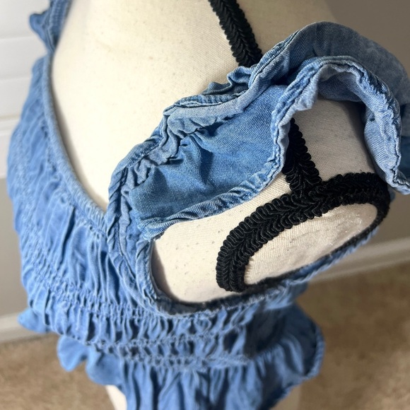 Women’s Smocked Tank Top Size S Ruffle Short Crop Solid Blue Shirt Cottage - Picture 5 of 7